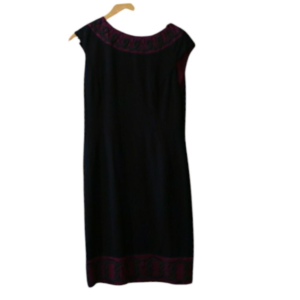 Maggy London Black Burgundy Ribbon Trim Career Dress 12 Elegant Trimmed Sheath